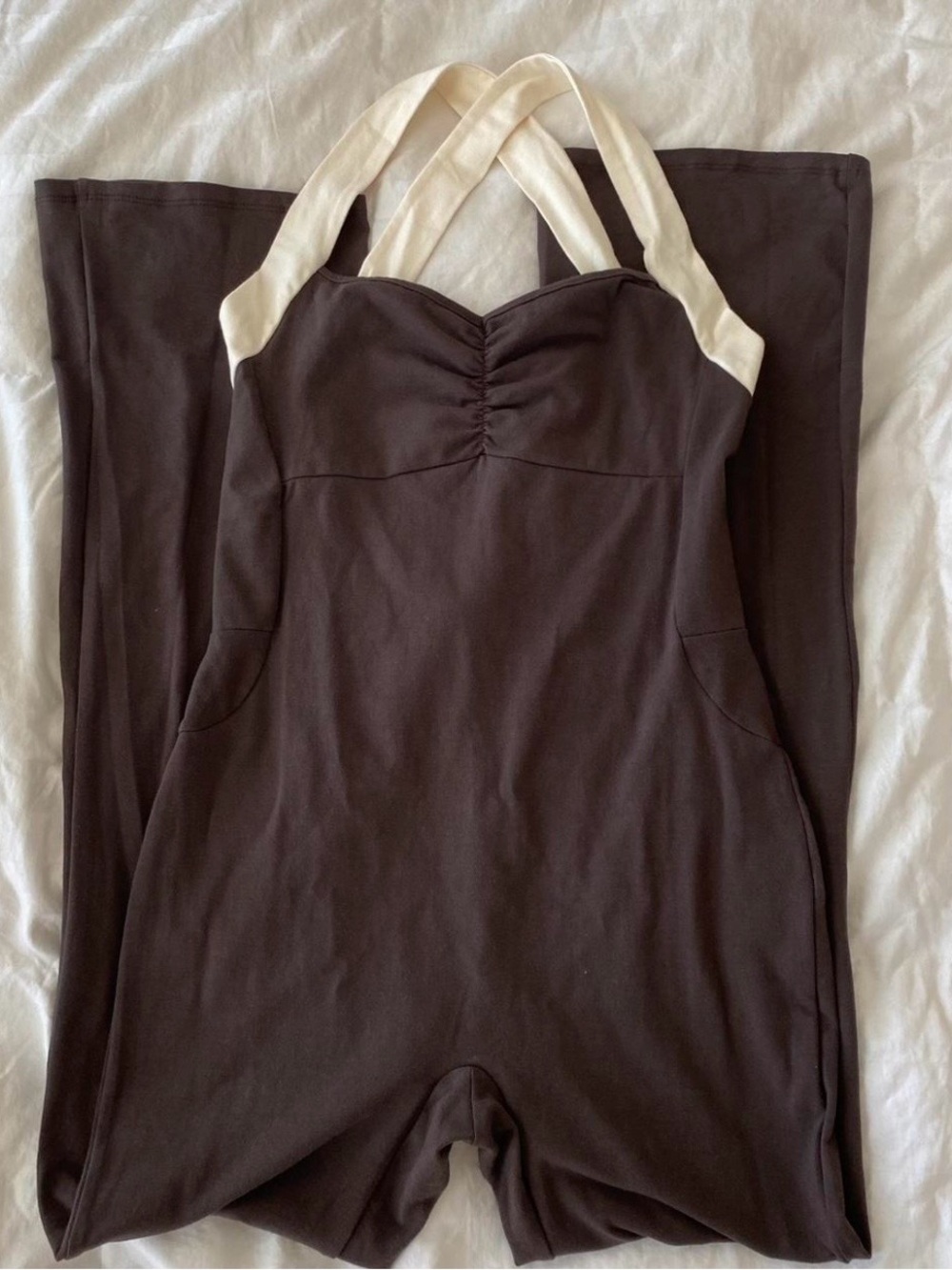 Women's Brown Jumpsuit with Cream Straps and Open Back